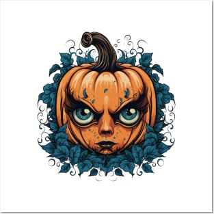 Halloween Pumpkin Woman, Spooky Pumpkin Face Posters and Art